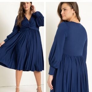 ELOQUII knot front pleated skirt blue dress size 20 puff balloon sleeve